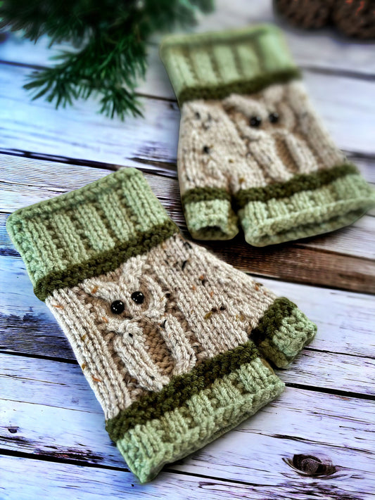 Knitting Pattern - Owl Fingerless Gloves - Knit Flat on 2 Needles Easy Fingerless Gloves on Straight Needles with Video Links - English Only