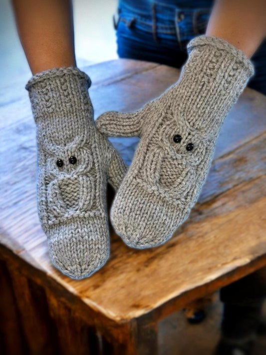 Knitting Pattern - Owl Mittens - Knit Flat on 2 Needles - Quick to Knit Mitts on Straight Needles with How to Knit Videos - English Only