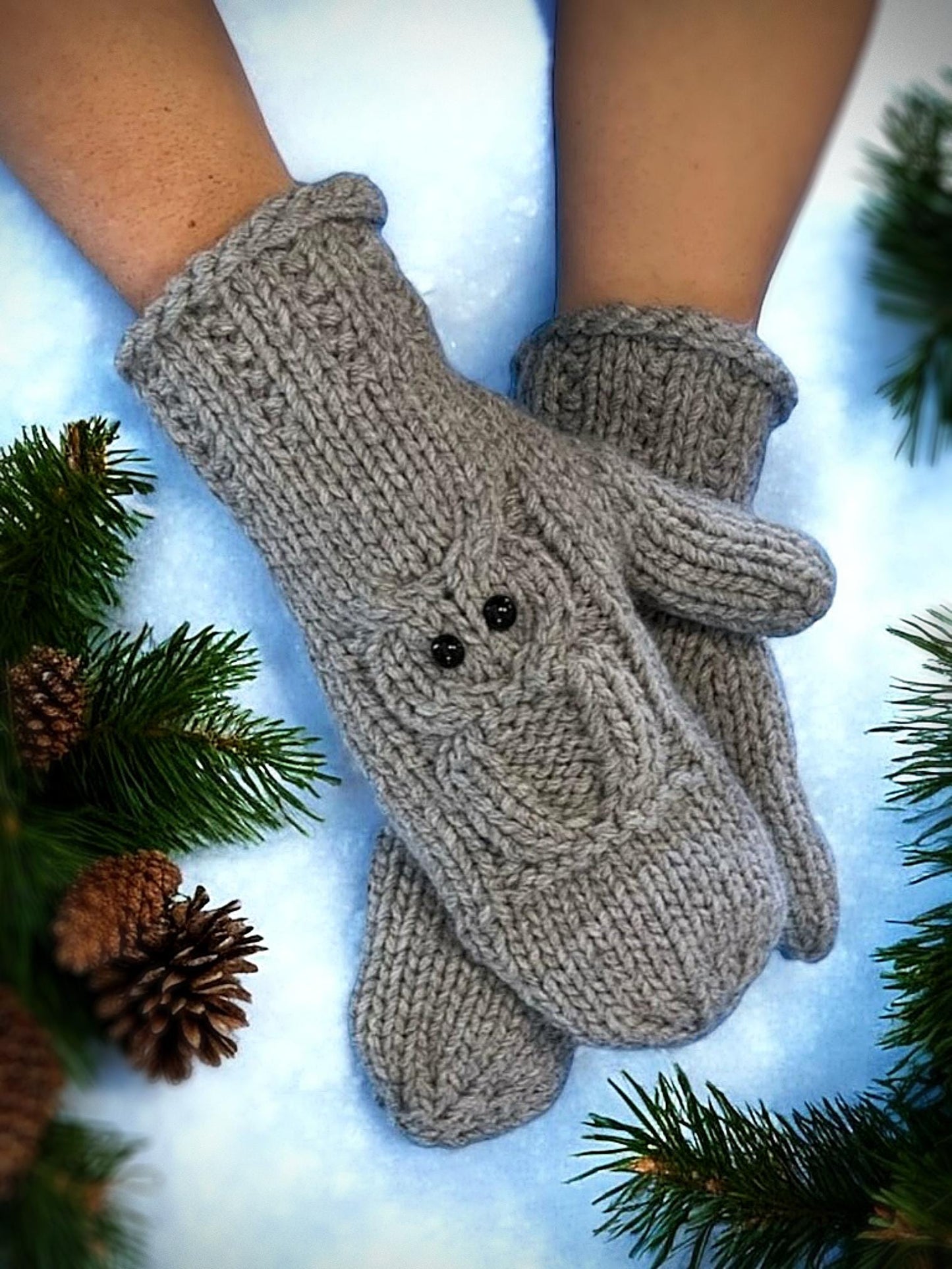 Knitting Pattern - Owl Mittens - Knit Flat on 2 Needles - Quick to Knit Mitts on Straight Needles with How to Knit Videos - English Only