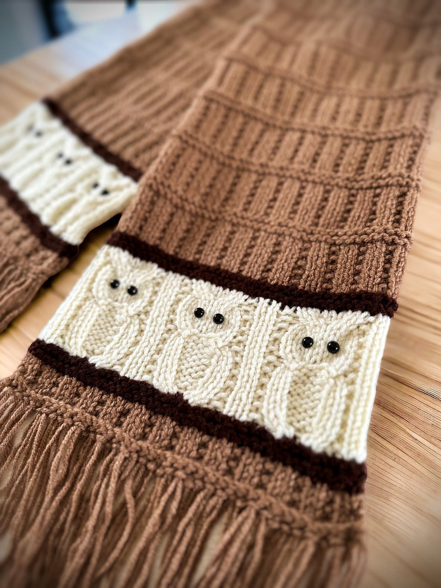 Knitting Pattern - Owl Scarf, Owl Motif, Knit Flat on Straight Needles - Owls on Scarf - Owl Spirit Animal - Make Owl Gift - English Only