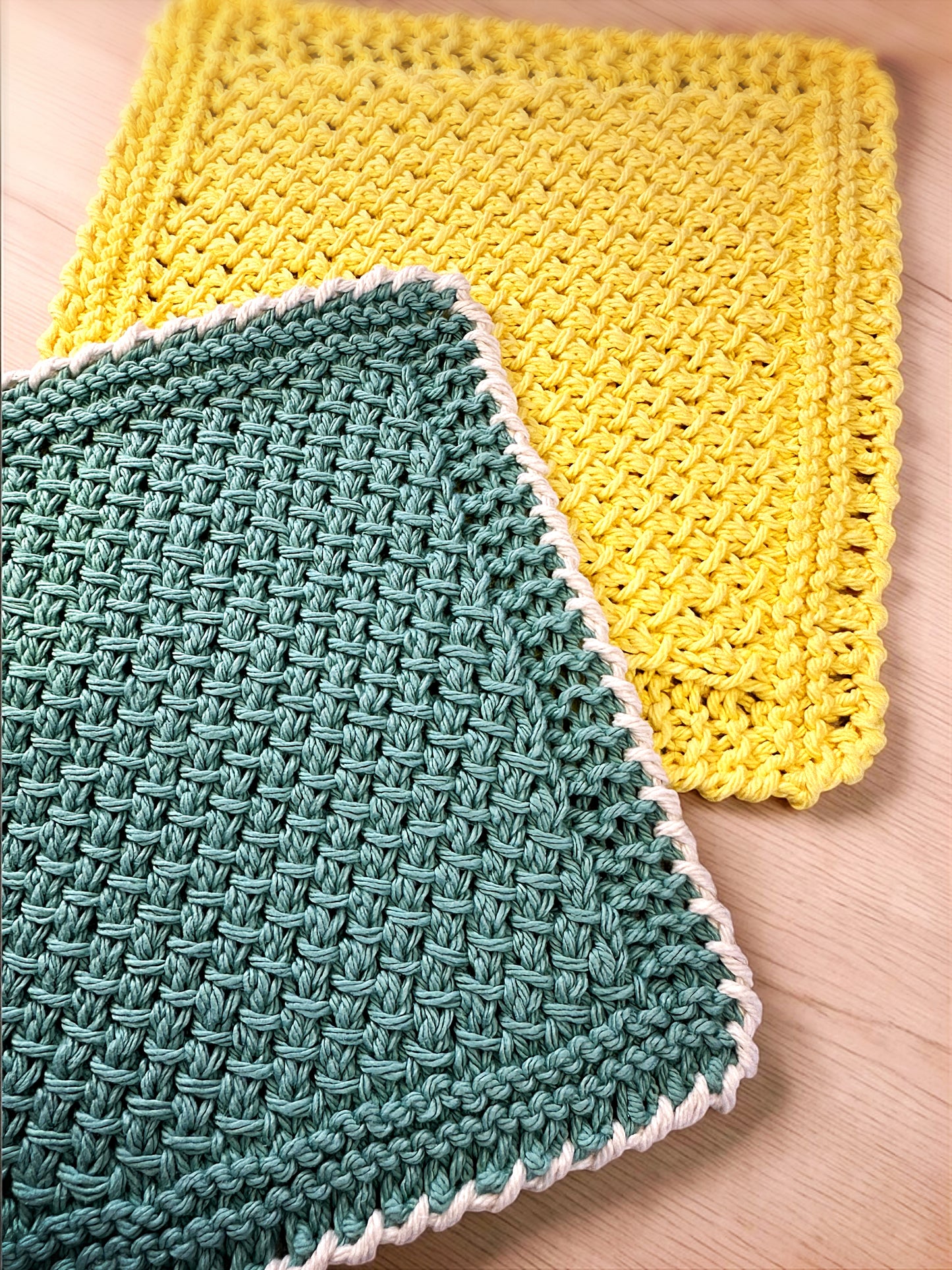 DIY knit dishcloth and coaster knitting pattern PDF with crossed stitch, cotton yarn, and professional finished edges