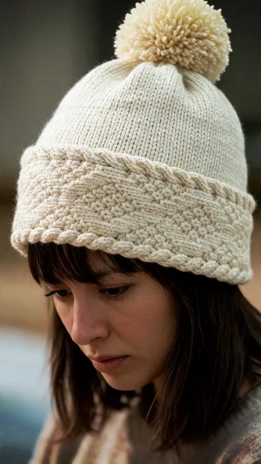 Diamond Brim Bobble Beanie Knitting Pattern | Double-Thick Brim, Kids & Adult Sizes
