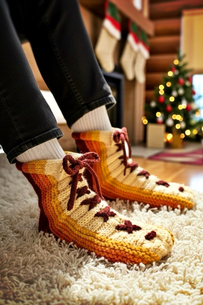 Lace Up Slippers Knitting Pattern | Knit Flat with Straight Needles | Women's 6 to Men's 12