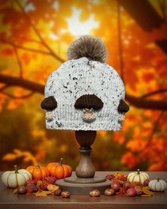 Mushroom Beanie Knitting Pattern – Cottagecore Winter Hat Knit Flat on 2 Needles with Video Tutorial - Fits Adults & Teens