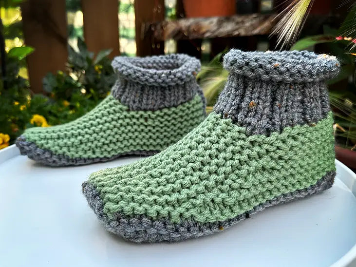 Extra warm chunky slippers made from a printable knitting pattern