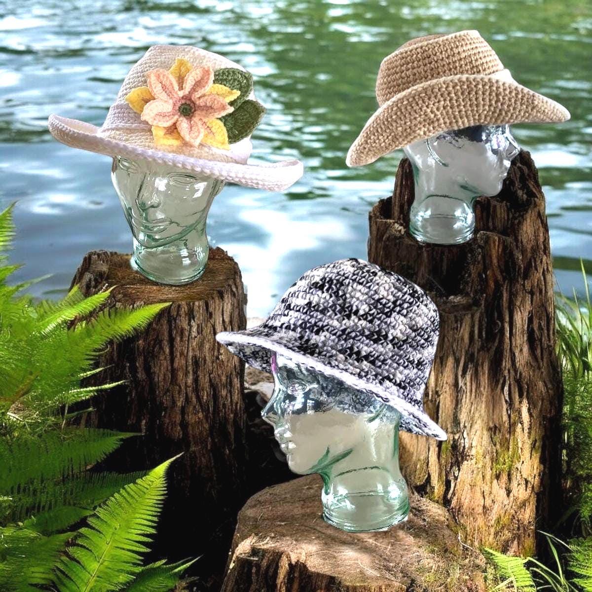 Crochet Pattern - 3 Hats in 1 - How to Crochet a Sun Hat with Flower - Easy Bucket Hat - Cowboy Cowgirl Hat - PRINTABLE - English Only