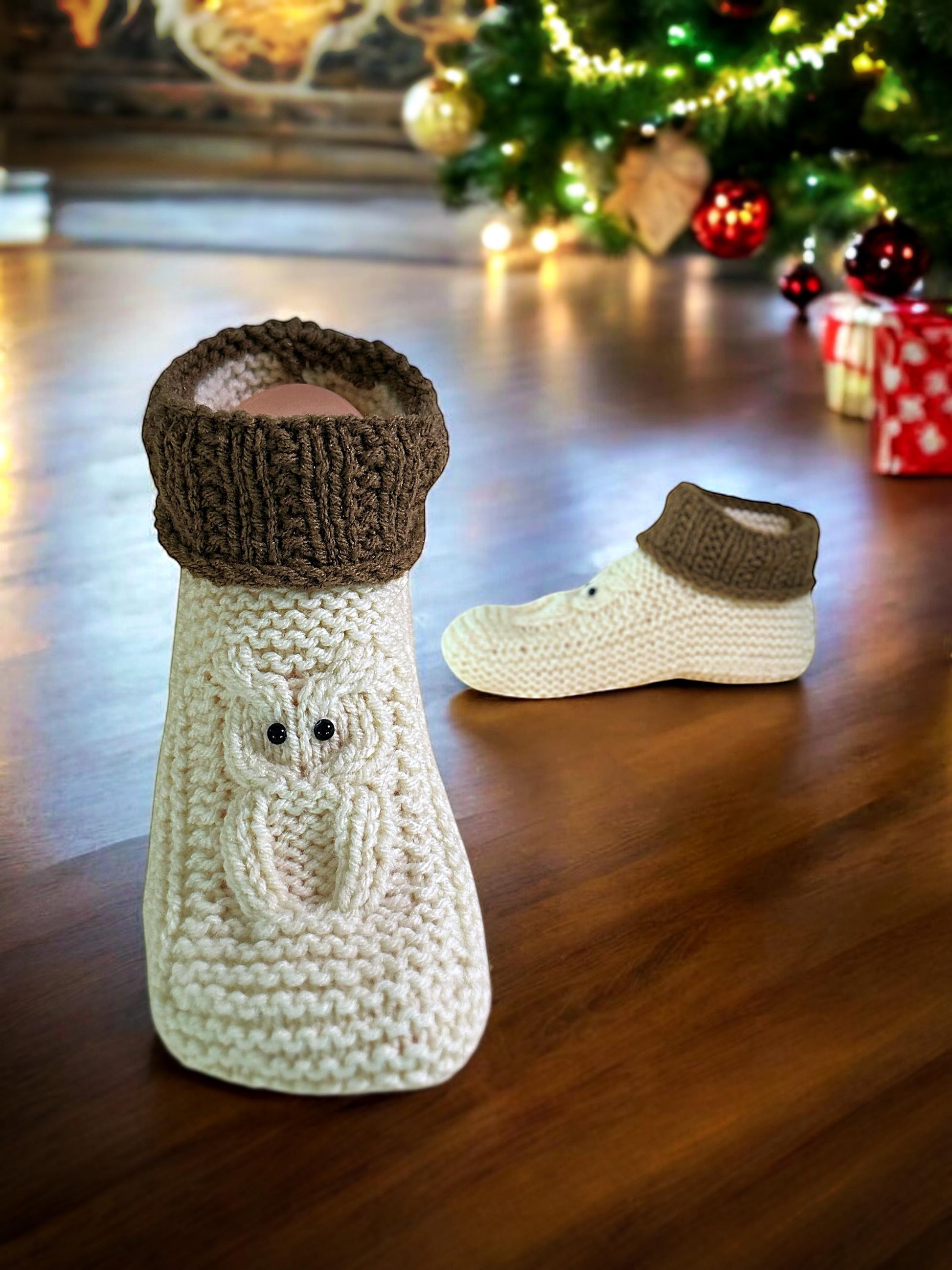 detailed stitch view of owl cable knitting pattern on slippers
