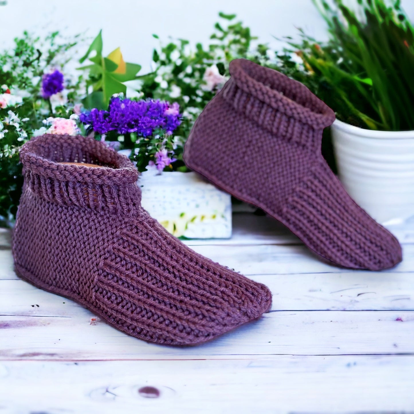 Knitting Pattern - Adult Cuffed Booties House Shoes - Easy Knit Slippers Using Basic Knitting Stitches With How-to Video - English Only