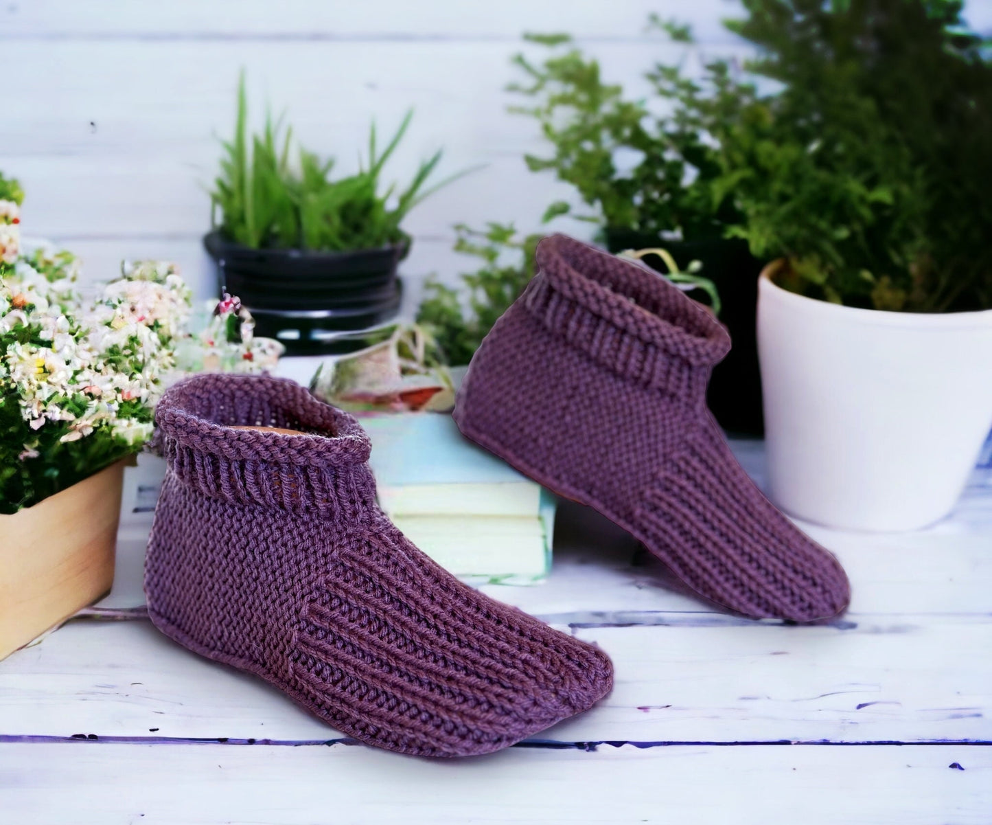 Knitting Pattern - Adult Cuffed Booties House Shoes - Easy Knit Slippers Using Basic Knitting Stitches With How-to Video - English Only