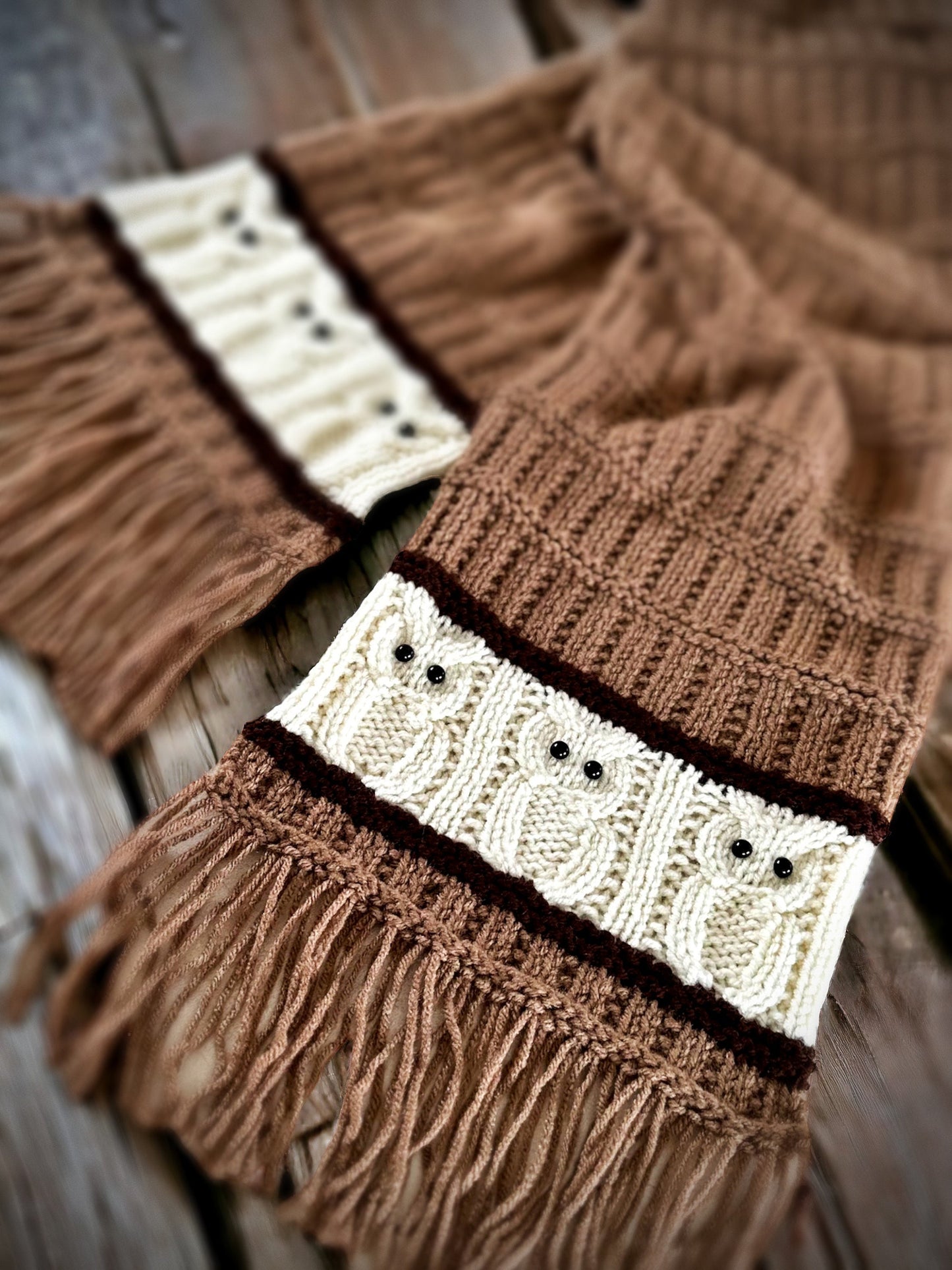 Knitting Pattern - Owl Scarf, Owl Motif, Knit Flat on Straight Needles - Owls on Scarf - Owl Spirit Animal - Make Owl Gift - English Only