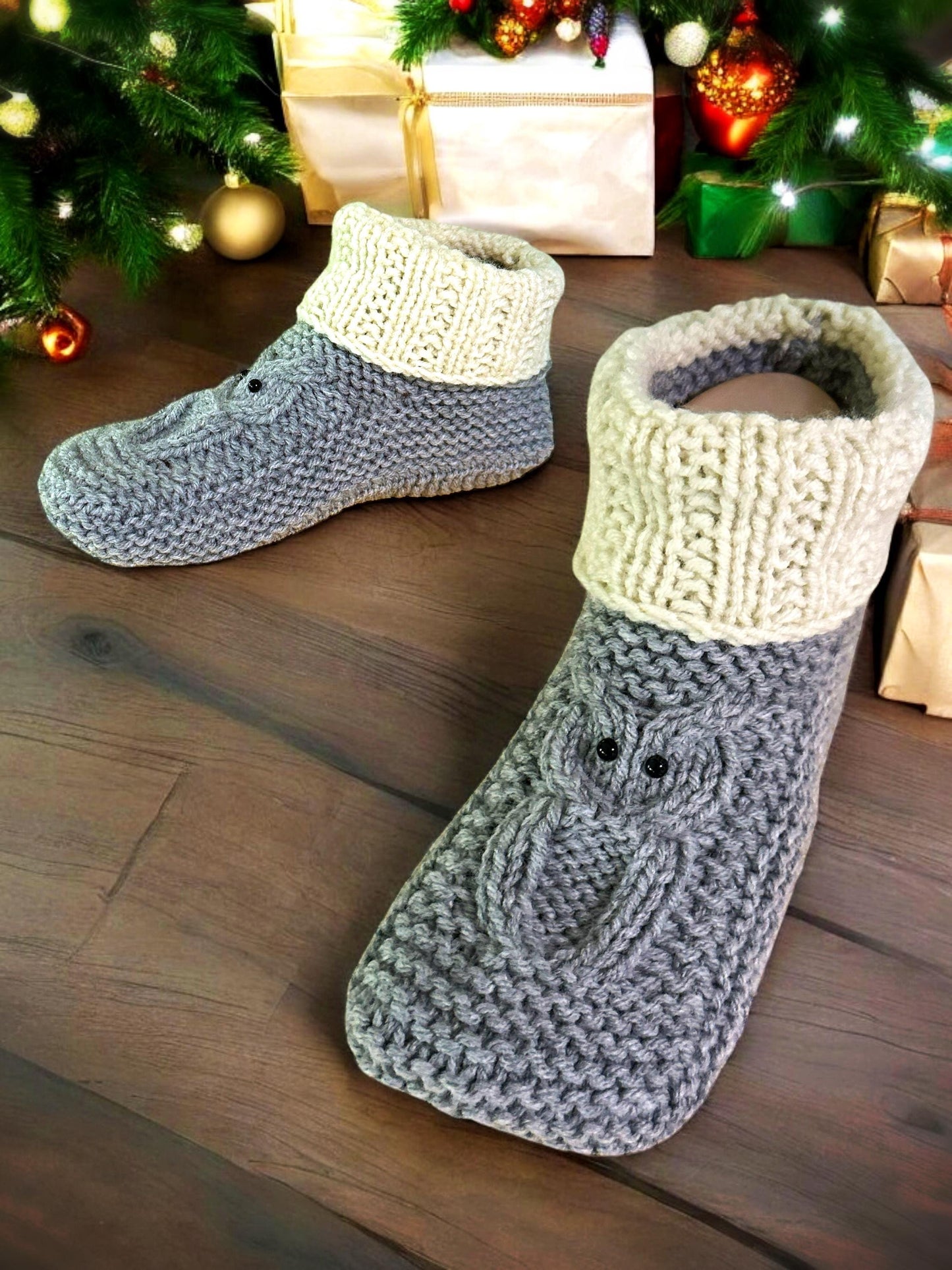 top view of owl cable knit slippers showing texture and stitch detail