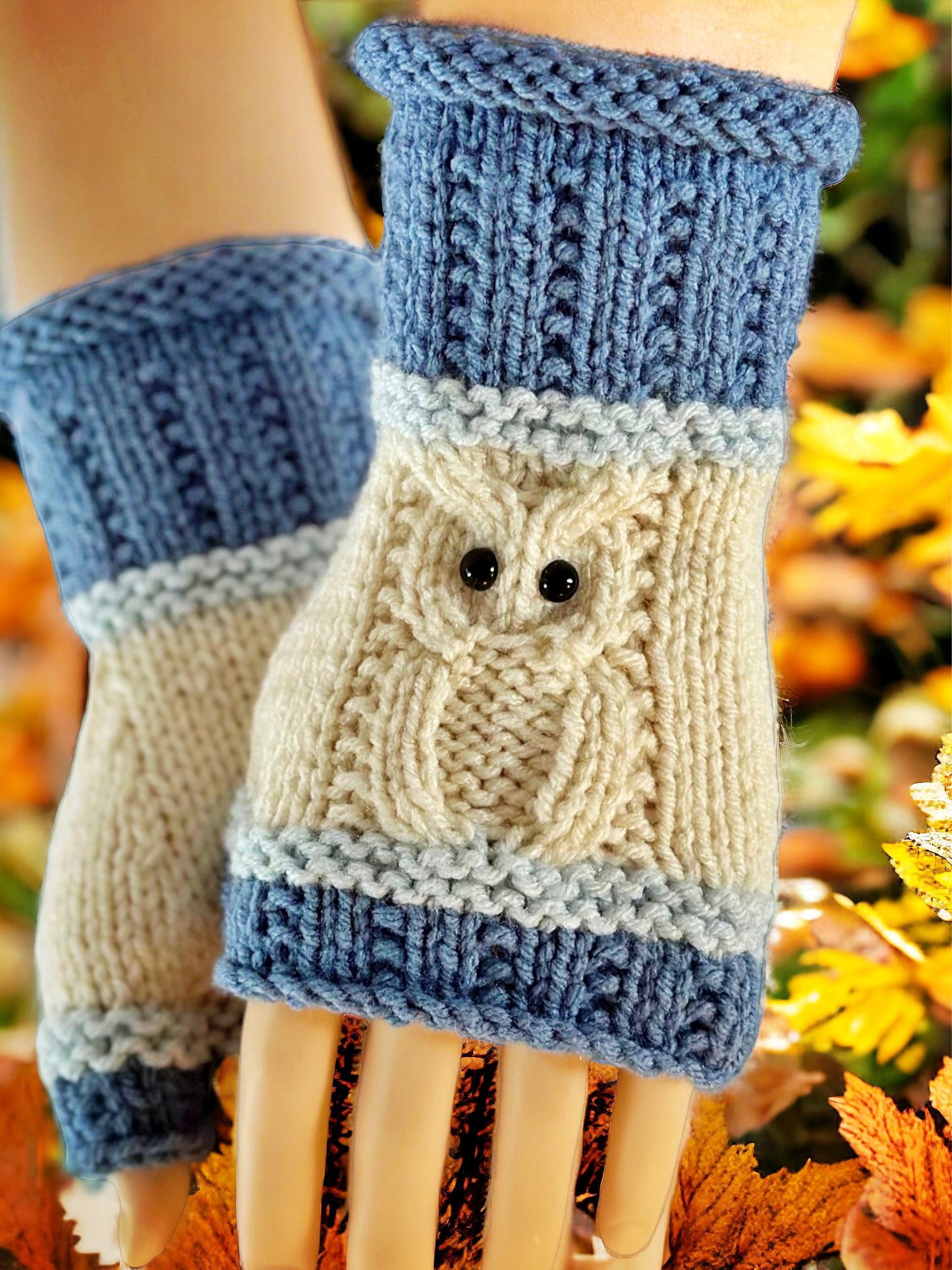 Knitting Pattern - Owl Fingerless Gloves - Knit Flat on 2 Needles Easy Fingerless Gloves on Straight Needles with Video Links - English Only