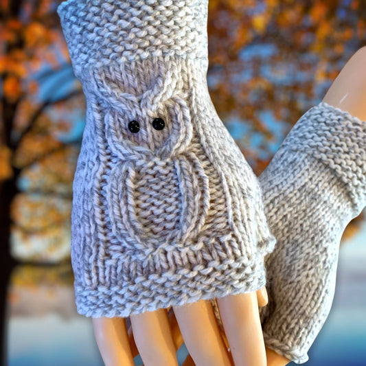 Knitting Pattern - Owl Fingerless Gloves - Knit Flat on 2 Needles - Easy Fingerless Gloves on Straight Needles with Video Links - English Only