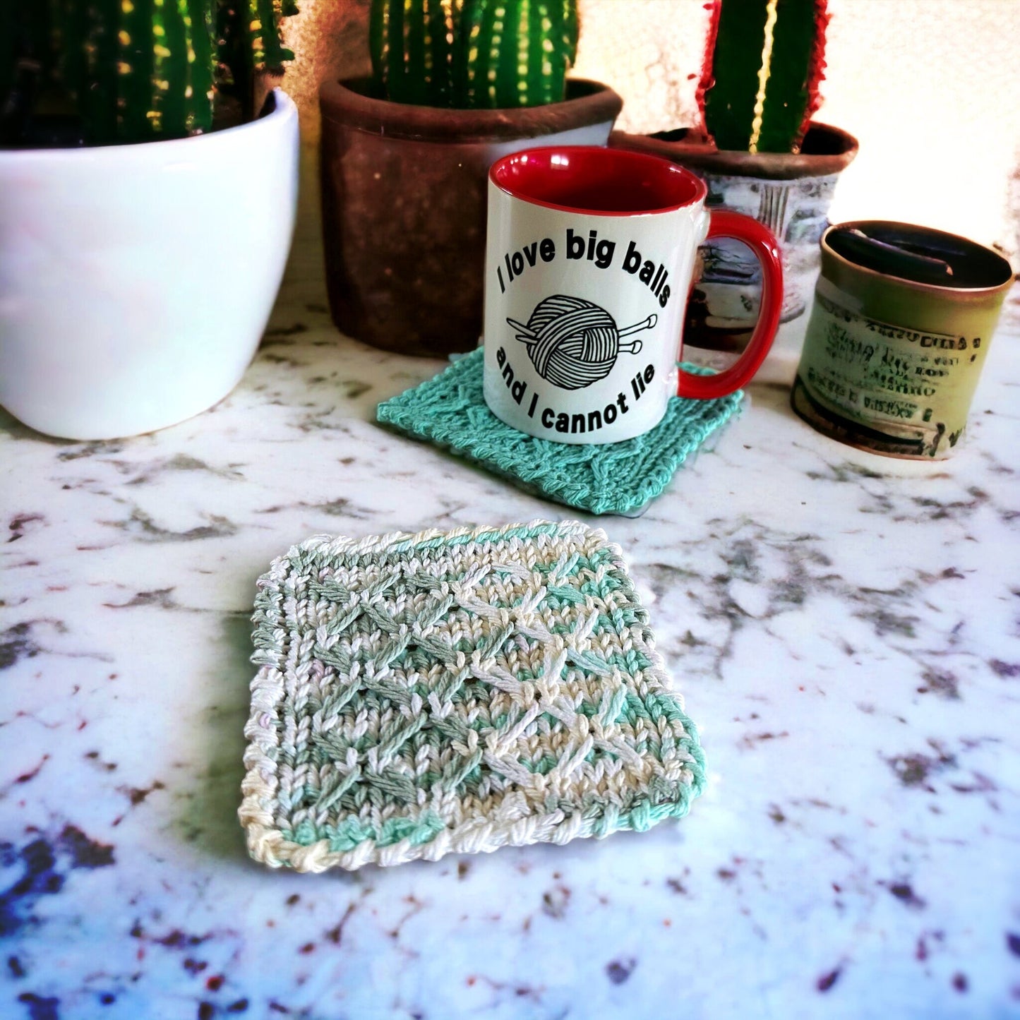 Knitting Pattern - Knit a  Dishcloth and Coasters with Diamond Pattern - Stash Buster - Stylish Knitted Washcloth Pattern - English Only