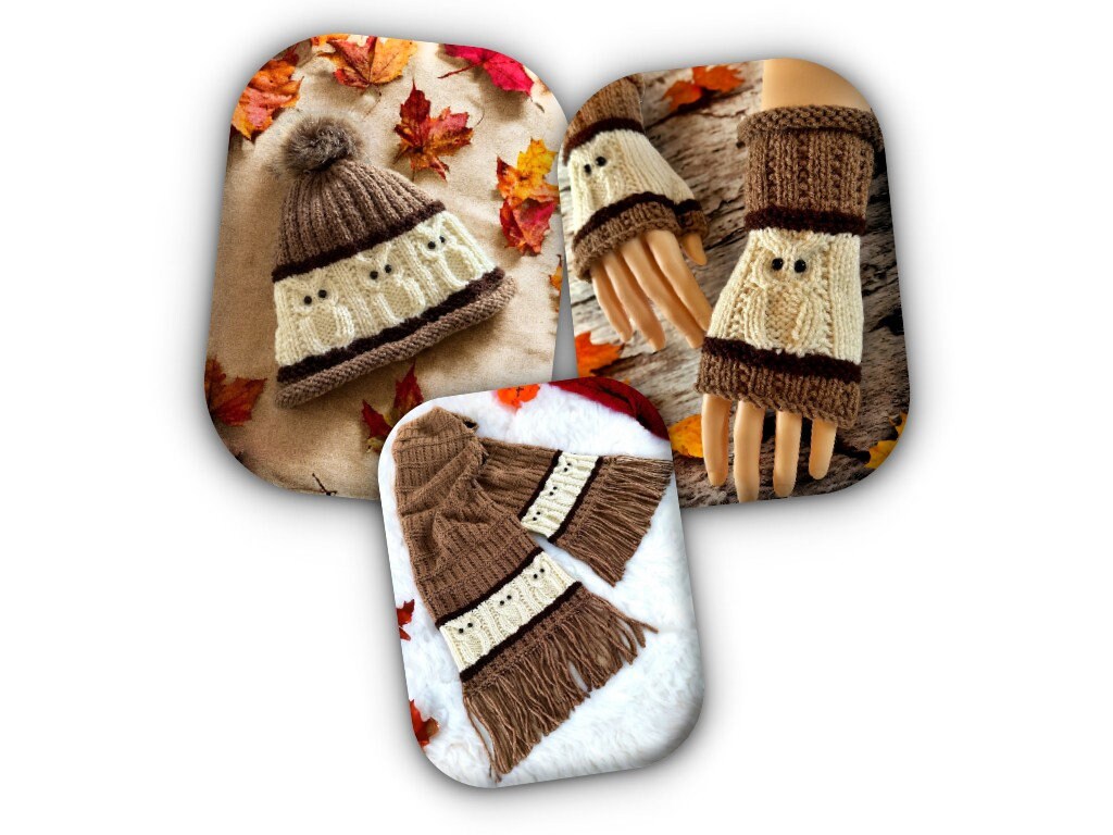 Owl Knitting Pattern Bundle – Fingerless Gloves, Beanie, and Scarf (Knit Flat on Straight Needles) 🦉🧶 - English Only!