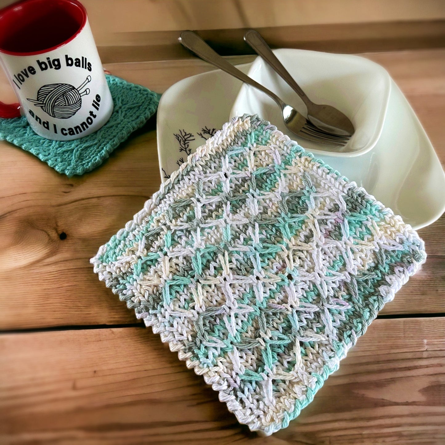 Knitting Pattern - Knit a  Dishcloth and Coasters with Diamond Pattern - Stash Buster - Stylish Knitted Washcloth Pattern - English Only