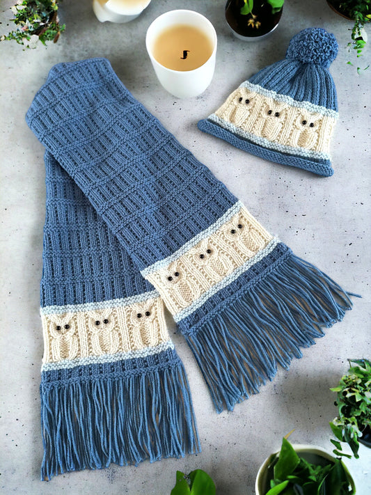 Owl Knitting Pattern Bundle – Fingerless Gloves, Beanie, and Scarf (Knit Flat on Straight Needles) 🦉🧶 - English Only!