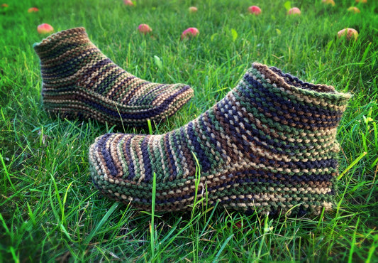 CUSTOM MADE Hand Knit Camo House Slippers - Knitted Slippers - Moccasin Booties for Adults - Cuff Slippers
