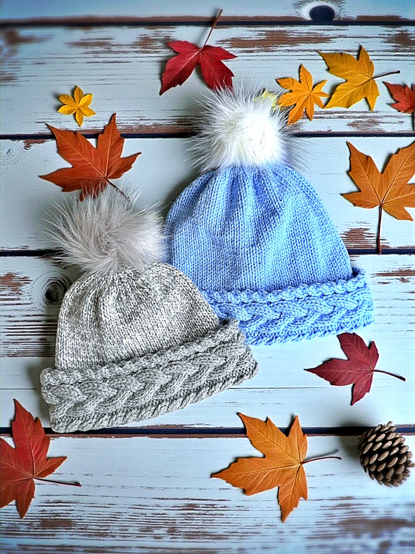 Hand knit cable beanie knitting pattern laid flat winter hat with bobble top