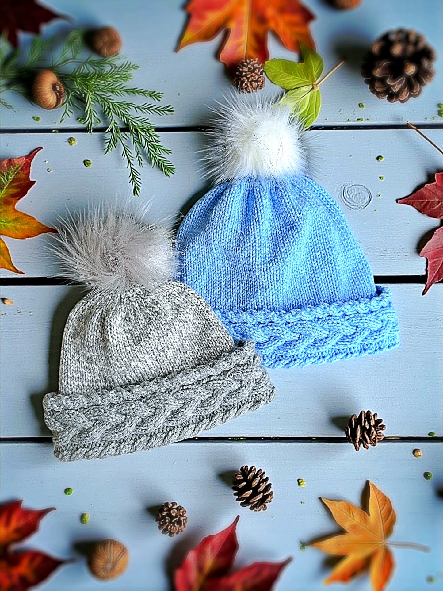 Cozy cable bobble beanie knitting pattern laid flat showing double thick brim