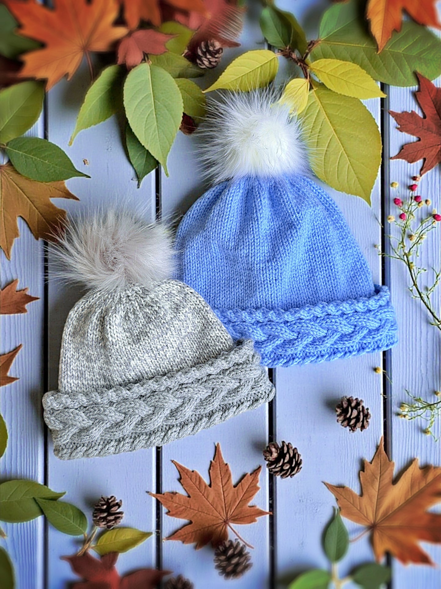 Cozy cable bobble beanie knitting pattern laid flat showing double thick brim