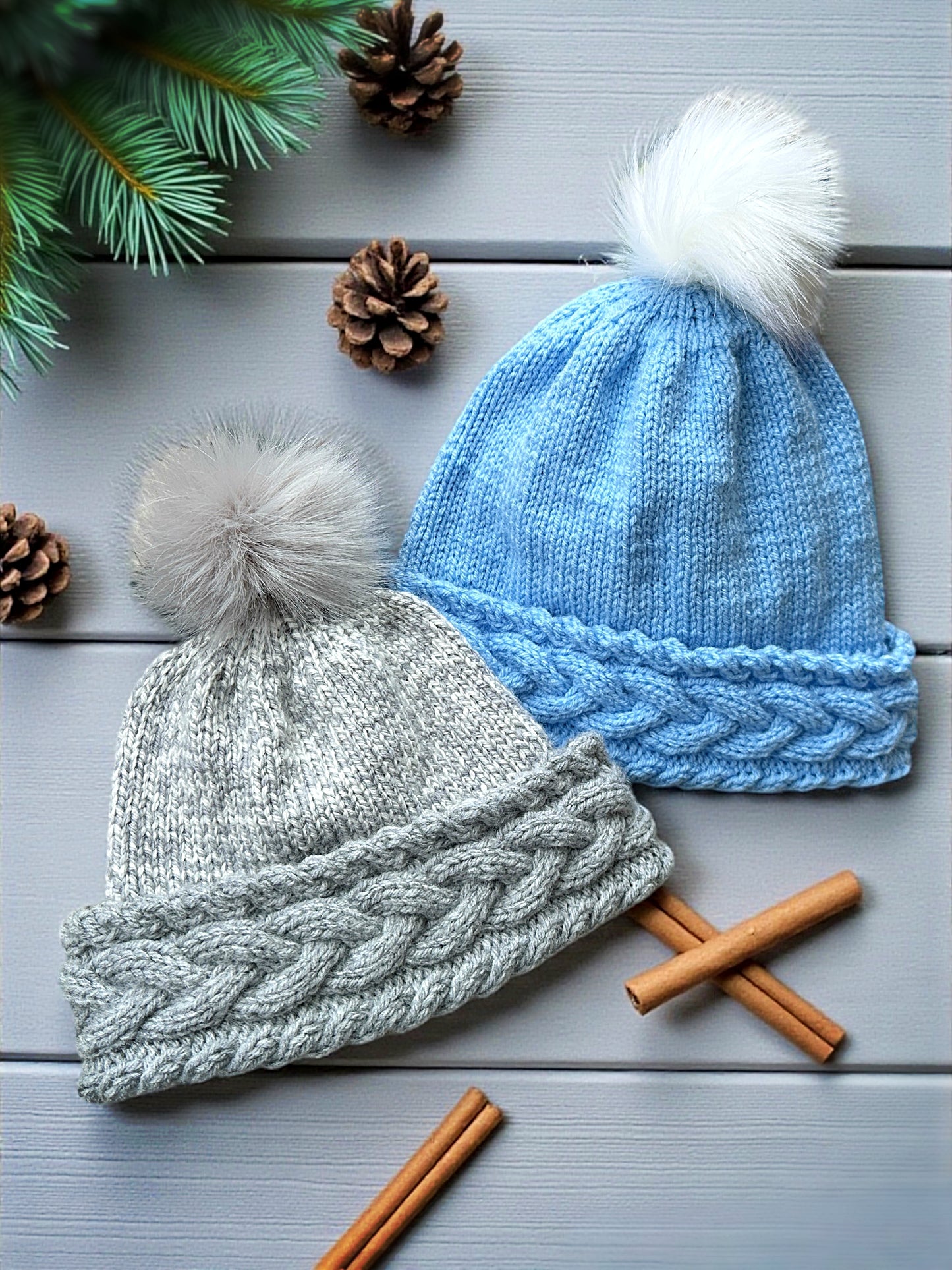 Cozy cable bobble beanie knitting pattern laid flat showing double thick brim