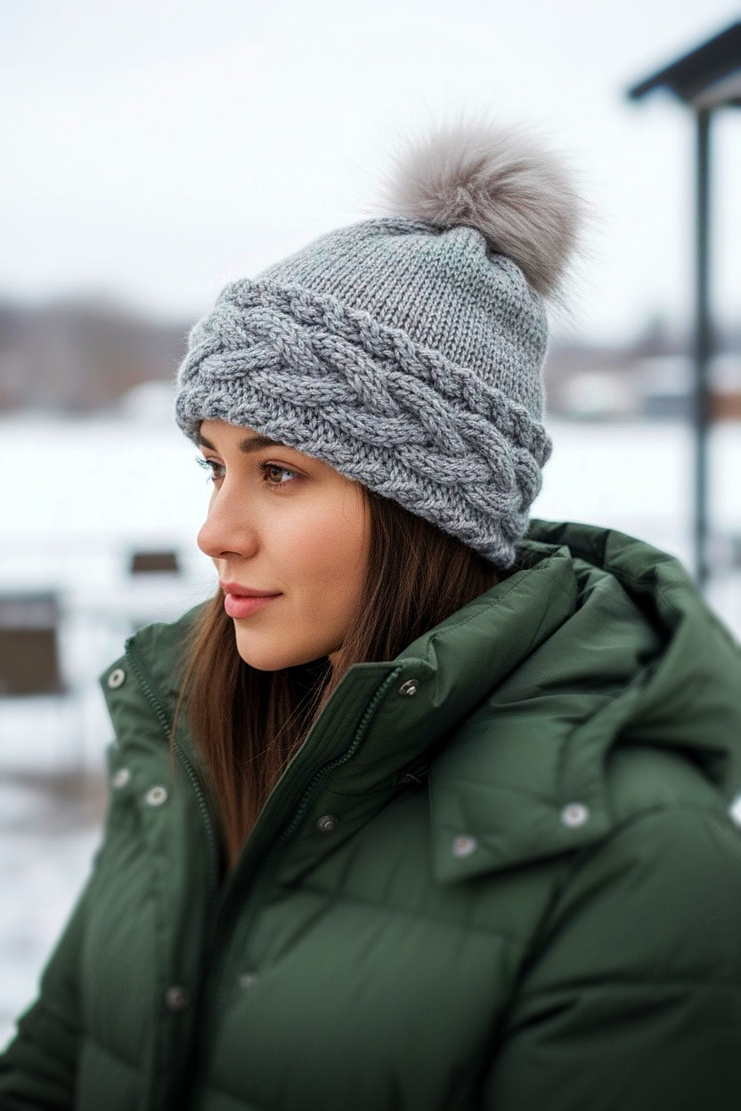 Hand knit cable beanie worn outdoors from knitting pattern