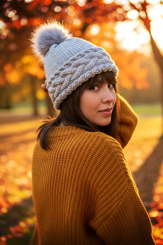 Person wearing cozy cable bobble beanie from knitting pattern with double brim