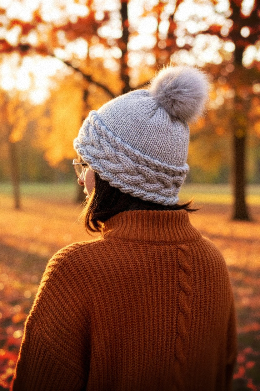 Person wearing warm cable knit beanie with folded brim from knitting pattern