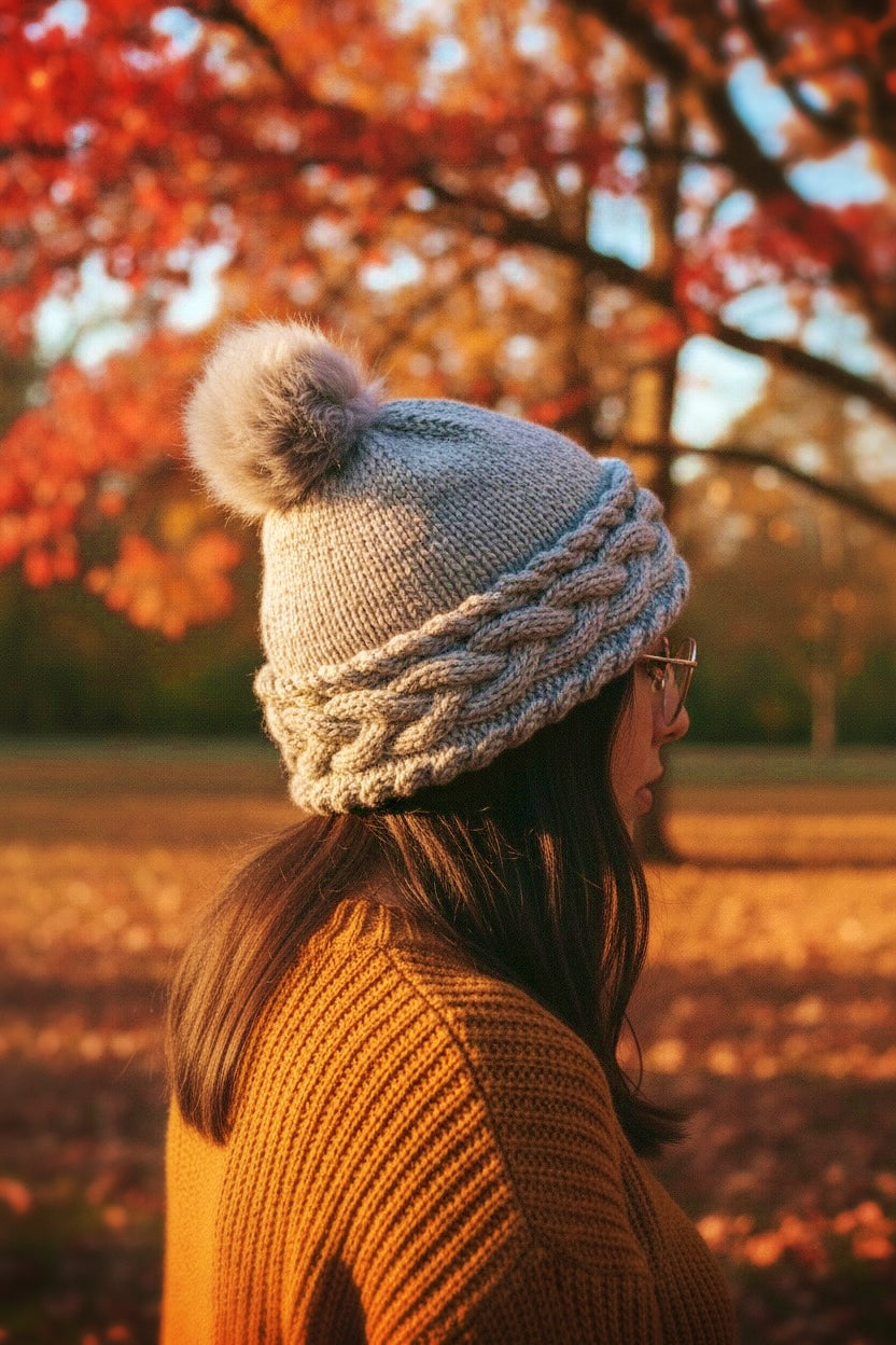 Adult wearing cable knit bobble beanie made using a knitting pattern