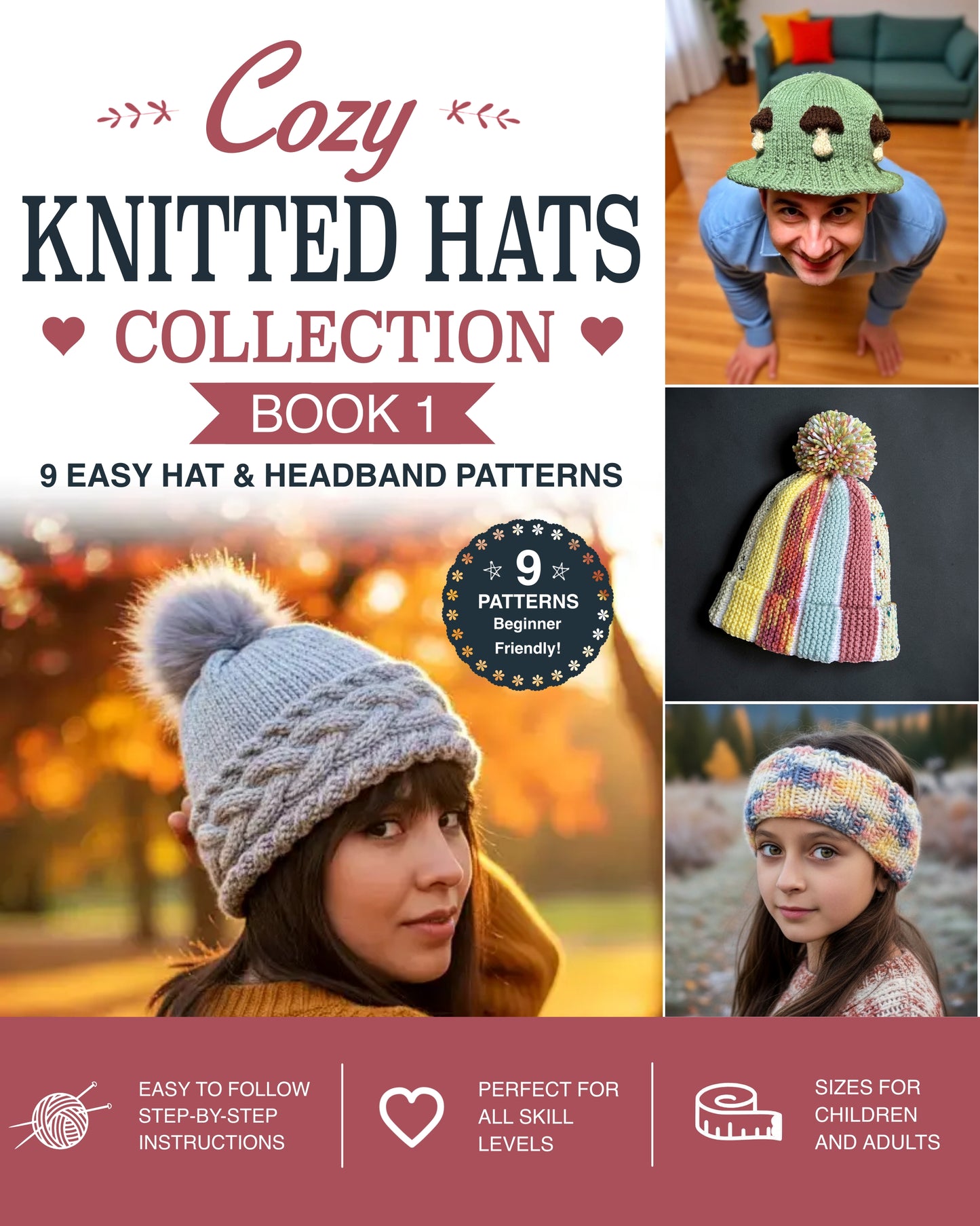 Cozy Knitted Hat Collection - Book 1 | 9 Easy Knit Flat Hat, Beanie & Headband Patterns | Printable PDF
