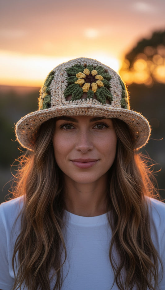 Easy Granny Square Bucket Hat Crochet Pattern PDF | Boho Flower & Leaf Summer Hat