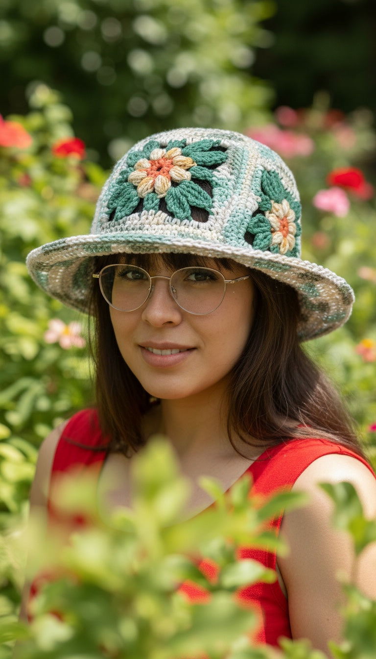 Easy Granny Square Bucket Hat Crochet Pattern PDF | Boho Flower & Leaf Summer Hat