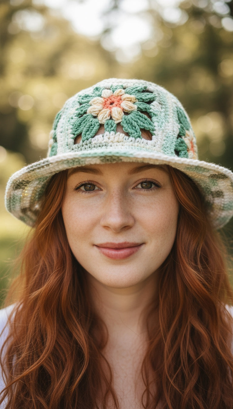 Easy Granny Square Bucket Hat Crochet Pattern PDF | Boho Flower & Leaf Summer Hat