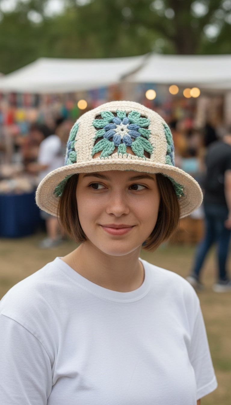 Easy Granny Square Bucket Hat Crochet Pattern PDF | Boho Flower & Leaf Summer Hat