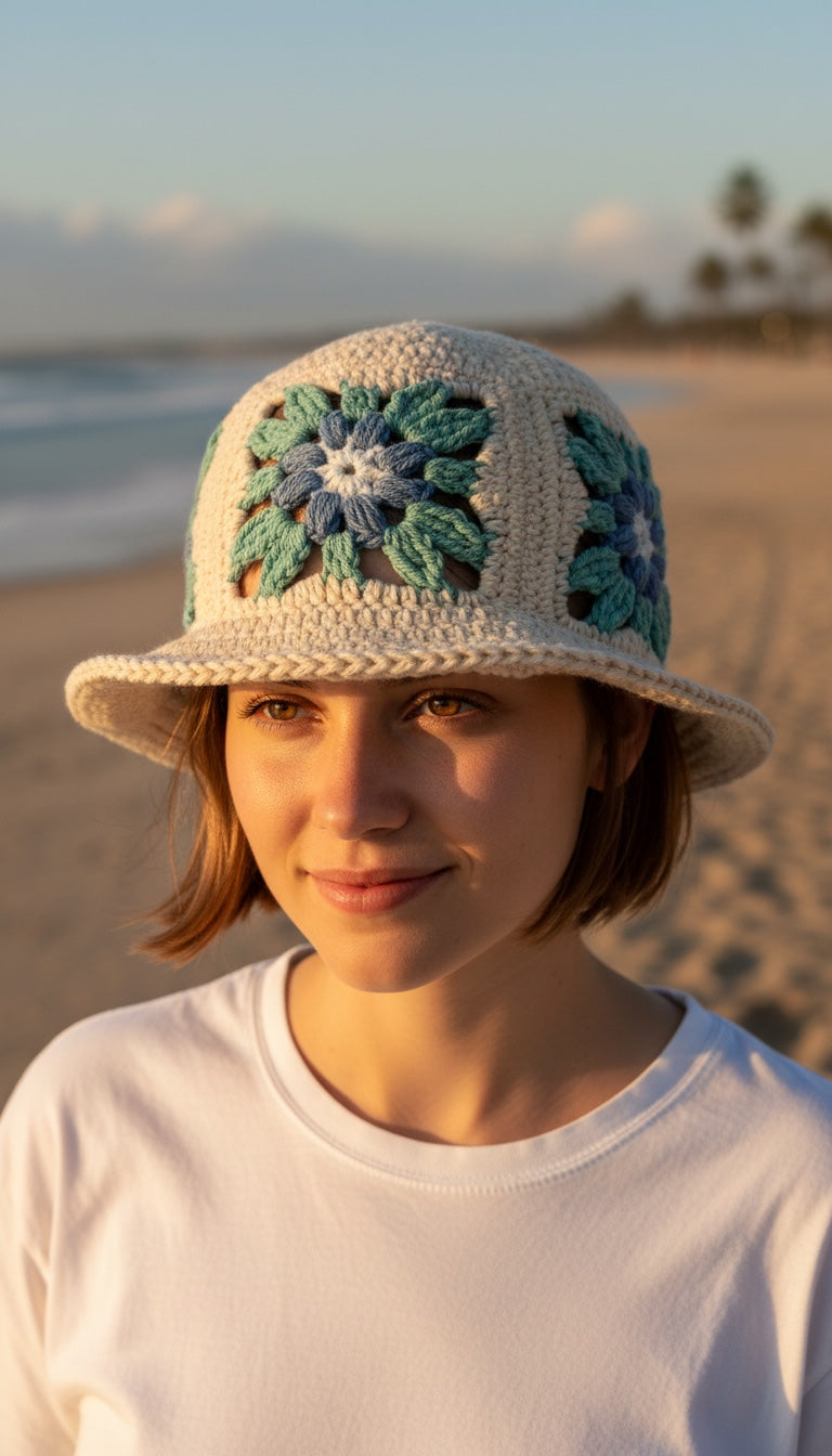 Easy Granny Square Bucket Hat Crochet Pattern PDF | Boho Flower & Leaf Summer Hat