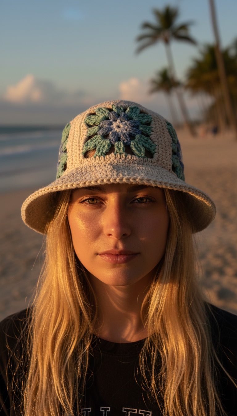 Easy Granny Square Bucket Hat Crochet Pattern PDF | Boho Flower & Leaf Summer Hat
