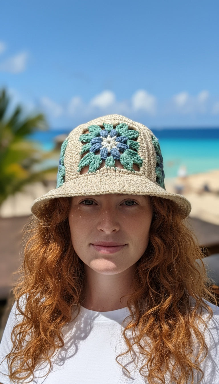 Easy Granny Square Bucket Hat Crochet Pattern PDF | Boho Flower & Leaf Summer Hat