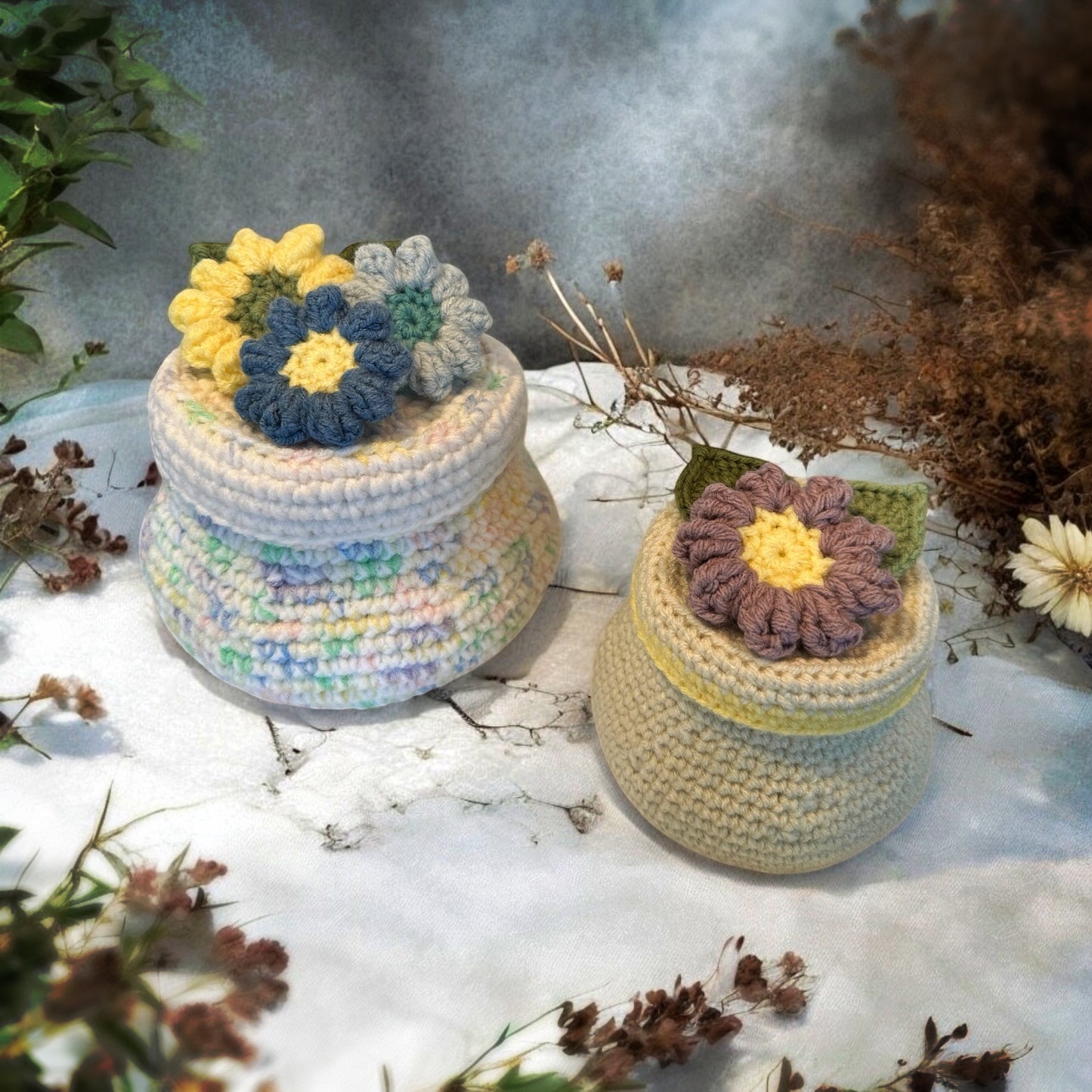 Stash-Busting Crochet Jar and Lid with Flowers and Leaves | Crochet Pattern PDF
