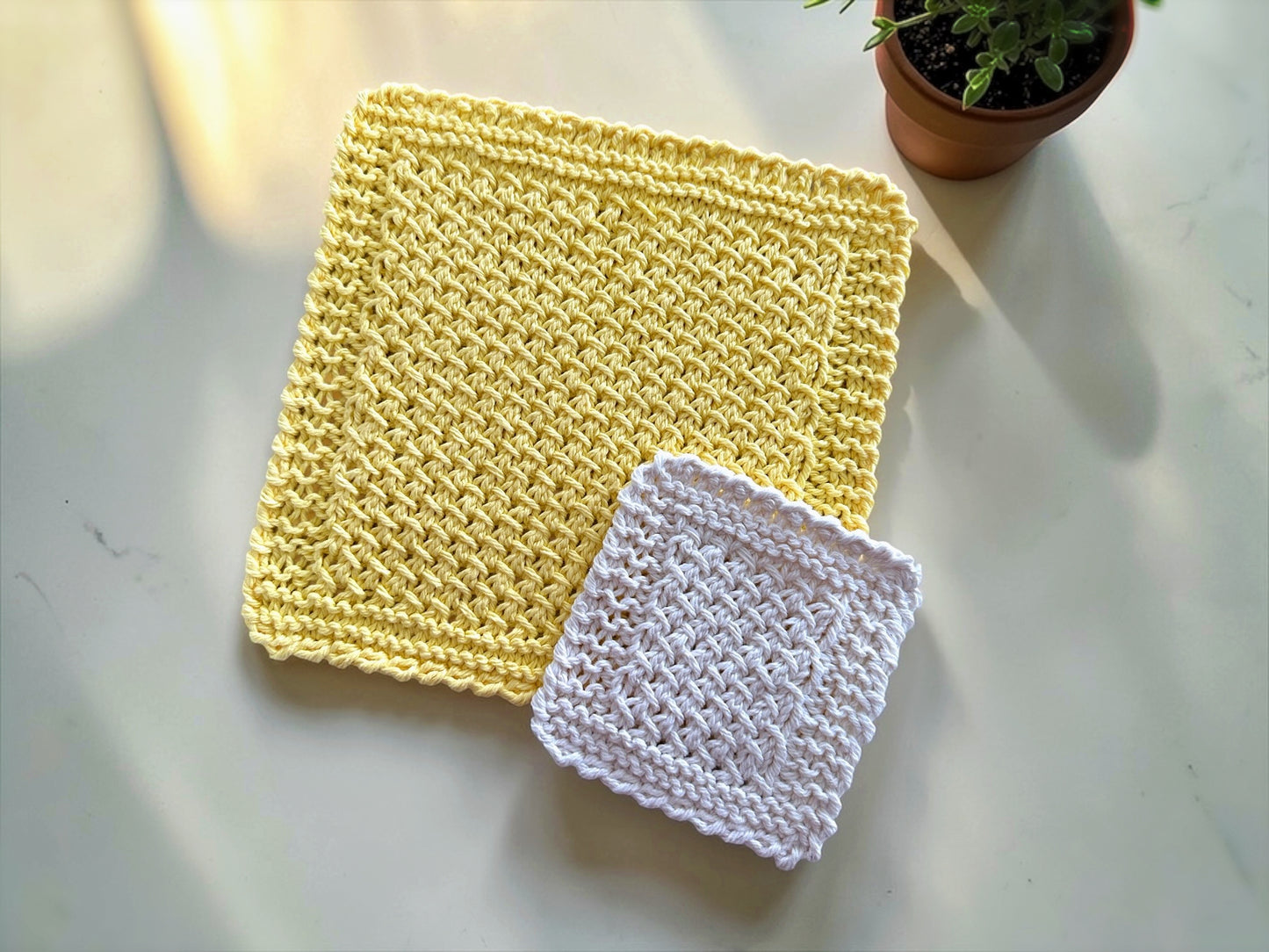 Durable handmade knit dishcloth and coaster set pattern with no rolling edges using backwards crochet technique