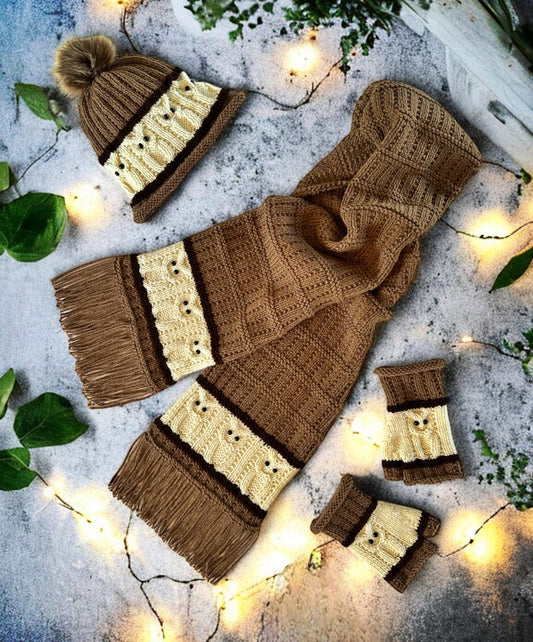 Owl Knitting Pattern Bundle – Fingerless Gloves, Beanie, and Scarf (Knit Flat on Straight Needles) 🦉🧶 - English Only!