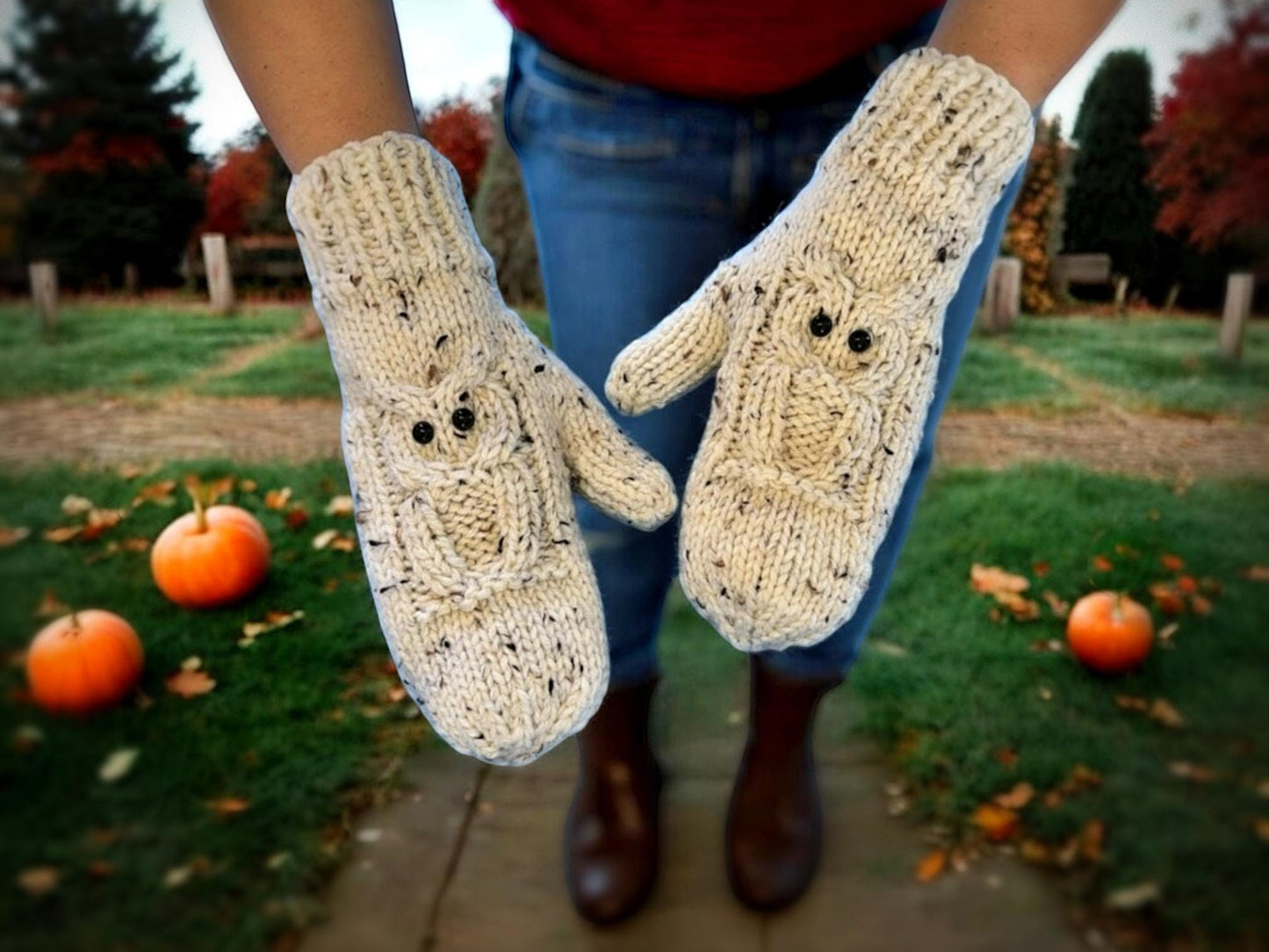 Knitting Pattern - Owl Mittens - Knit Flat on 2 Needles - Quick to Knit Mitts on Straight Needles with How to Knit Videos - English Only