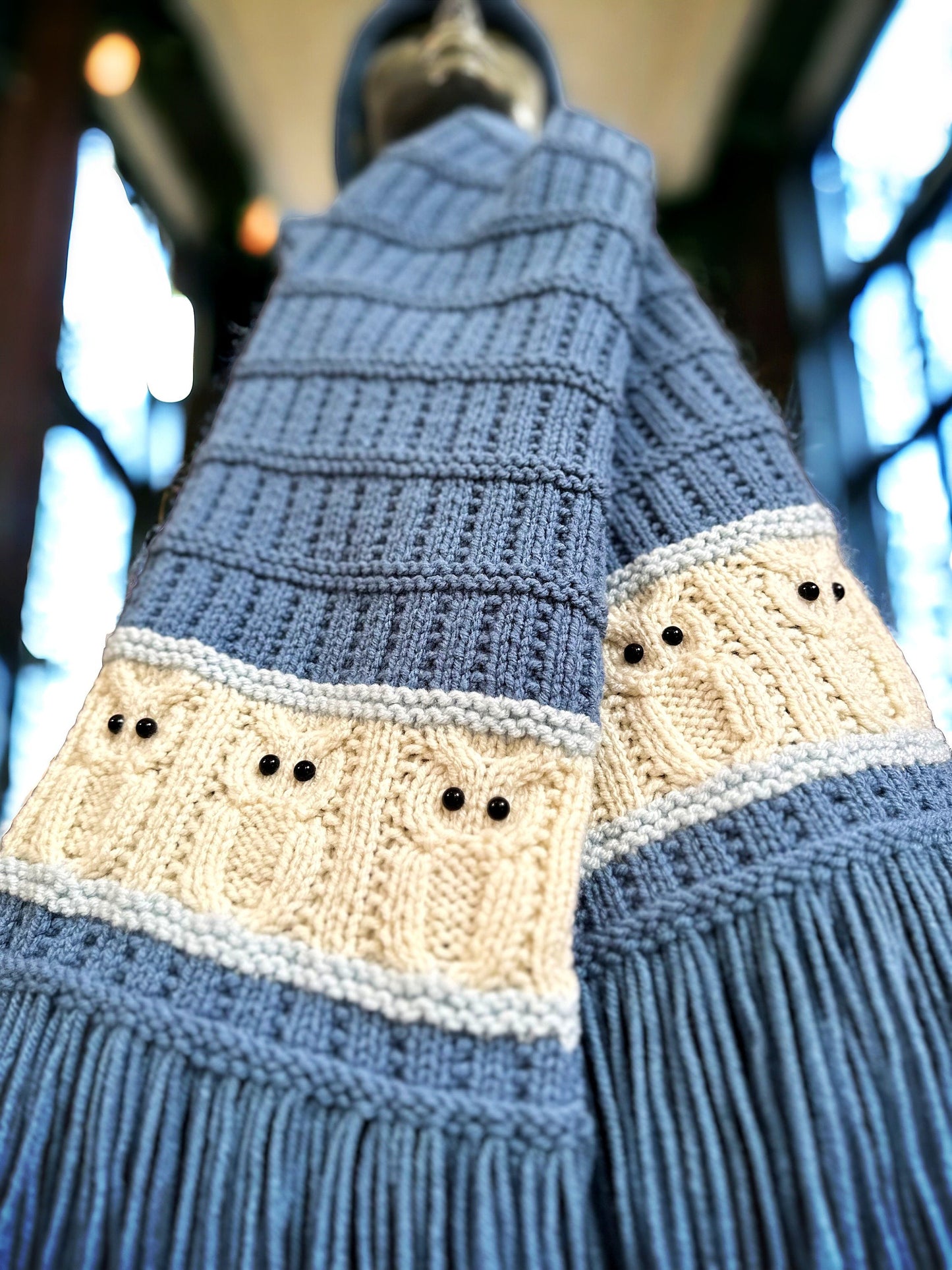Knitting Pattern - Owl Scarf, Owl Motif, Knit Flat on Straight Needles - Owls on Scarf - Owl Spirit Animal - Make Owl Gift - English Only