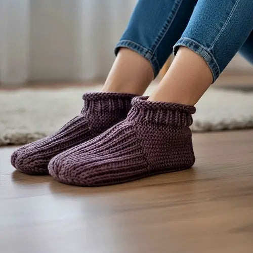 Knitting Pattern - Adult Cuffed Booties House Shoes - Easy Knit Slippers Using Basic Knitting Stitches With How-to Video - English Only
