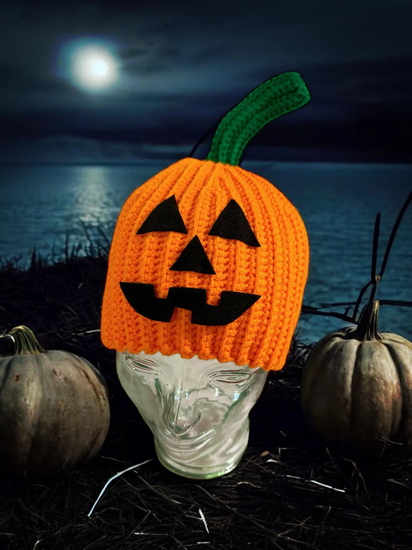Pumpkin-shaped knitted hat with a face design on a glass skull against a moonlit lake background.