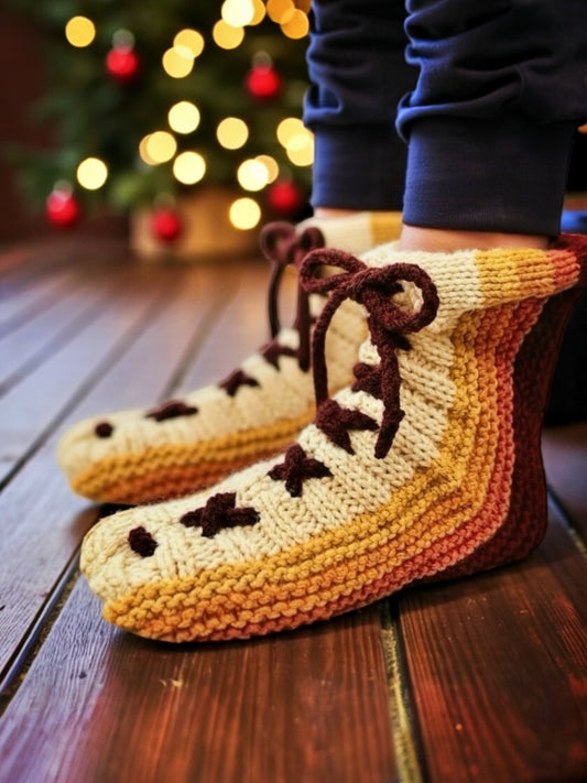 Lace Up Slippers Knitting Pattern | Knit Flat with Straight Needles | Women's 6 to Men's 12