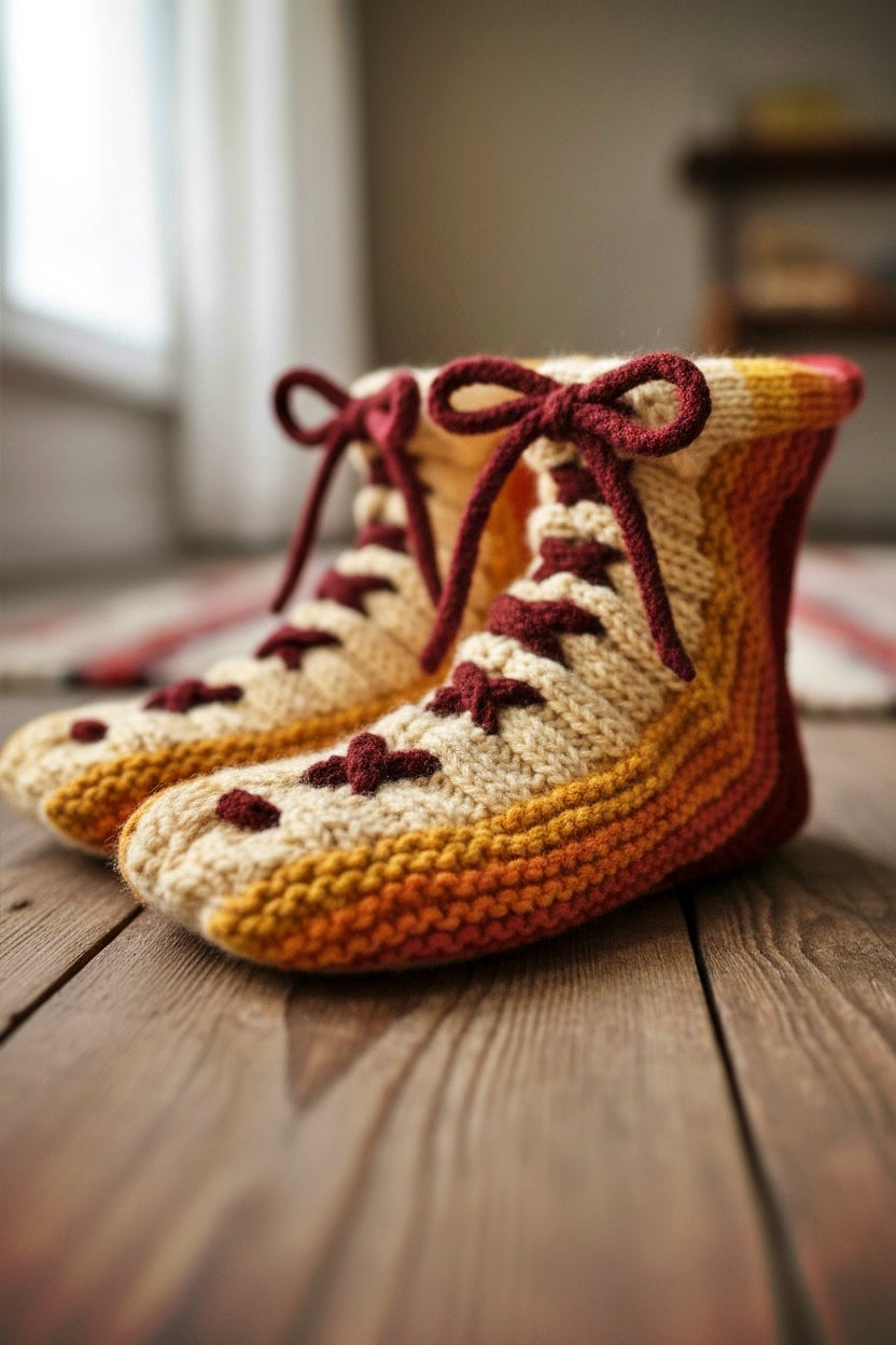 Lace Up Slippers Knitting Pattern | Knit Flat with Straight Needles | Women's 6 to Men's 12