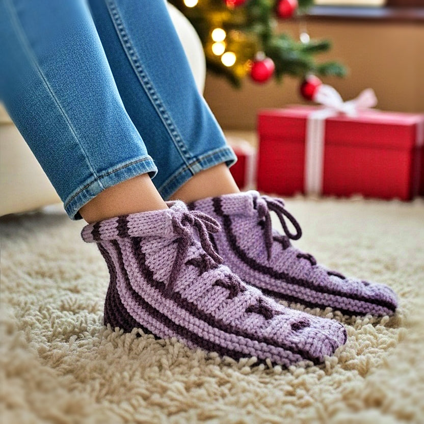 Lace Up Slippers Knitting Pattern | Knit Flat with Straight Needles | Women's 6 to Men's 12