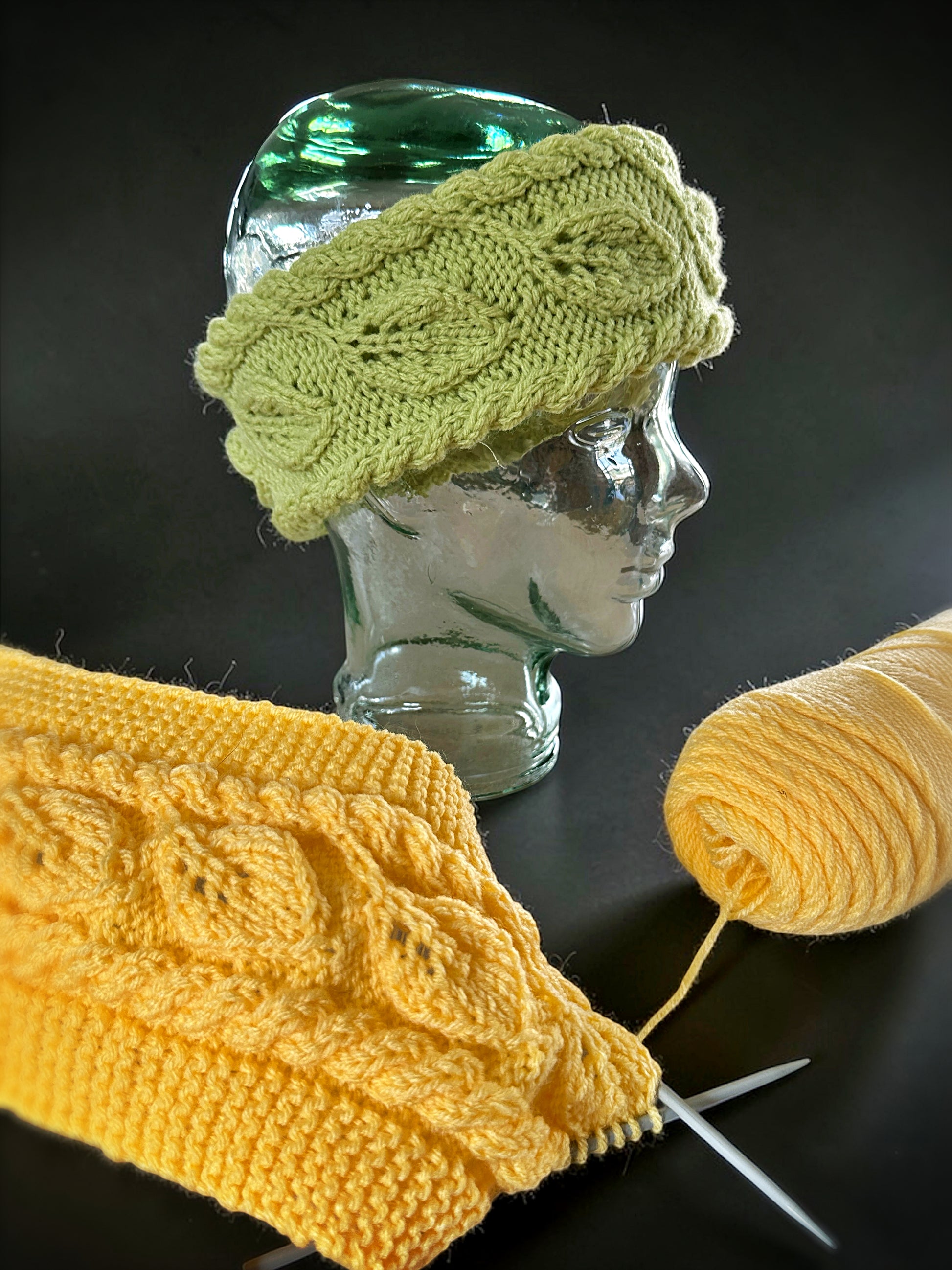 Knit headband with all-over leaf pattern made flat on straight needles