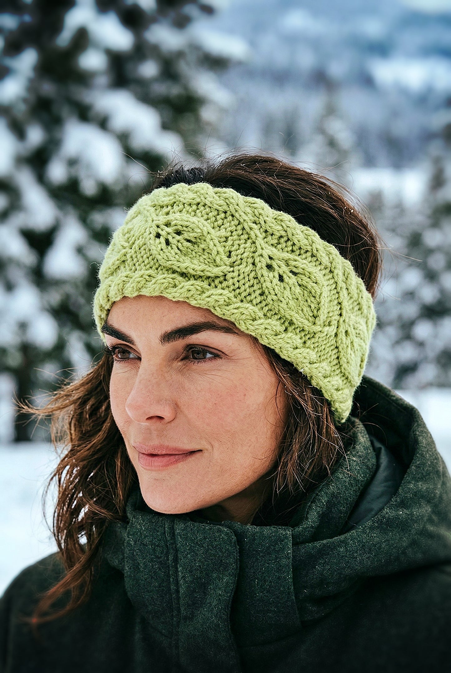 Knit headband with repeating leaf motif worked flat on straight needles